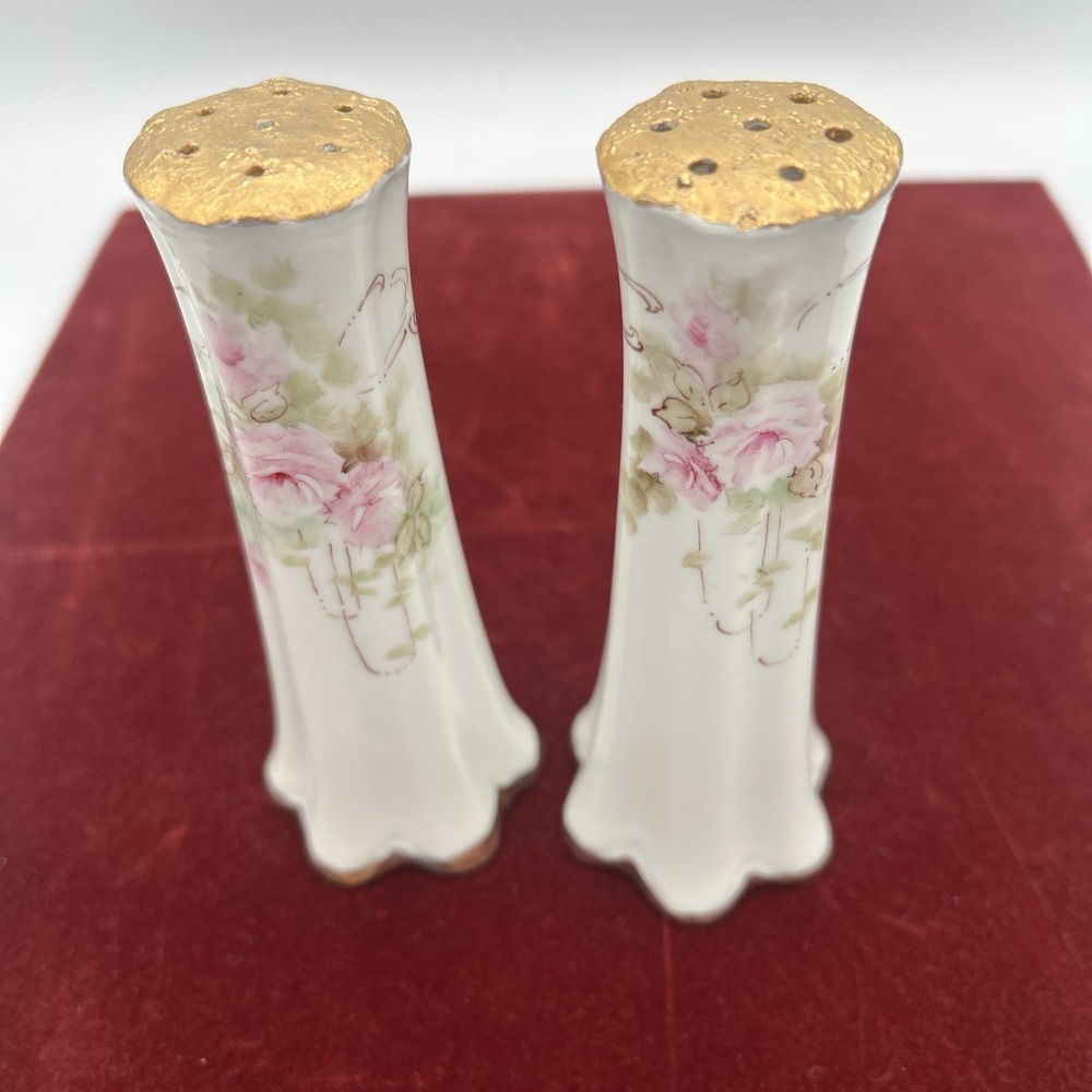 Antique Hand Painted Floral Gold Leaf S&P Shakers